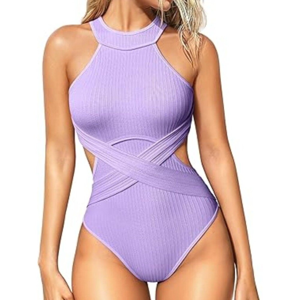 OQQ Women's Oneliece Swimsuits Tummy Control High Waisted Cross Bathing Suit L